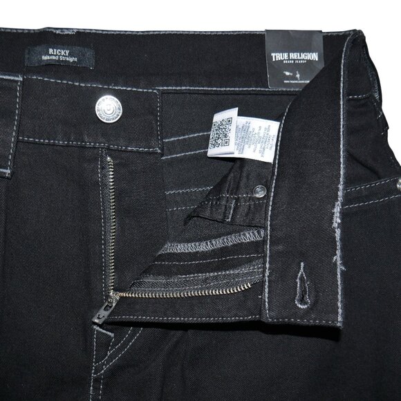 True Religion Ricky Straight Jeans Men's Size 36x32 Solid Black Flap Pockets NWT - Picture 8 of 14